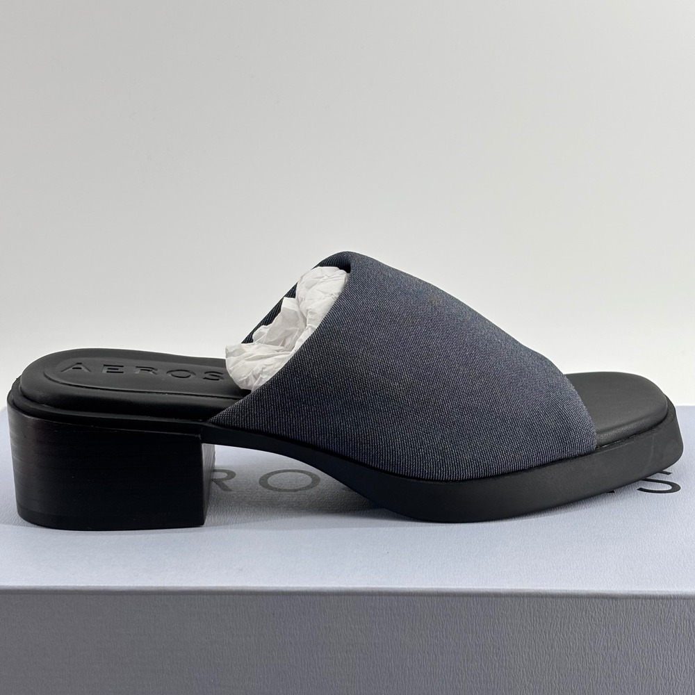 Aerosoles Denise Slide Sandals‎ Women 6.5 Blue Denim Square Toe Block Heel Mule